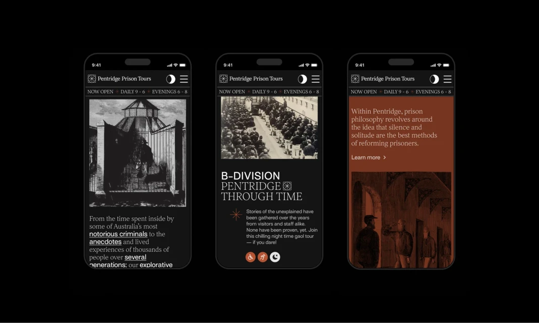 Three smartphone screens display Pentridge Prison Tours app, each showing images and tour information against a black background.