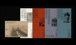 Graphic design brand identity project for Pentridge Prison Tours featuring multi-coloured promotional brochure panels with typography