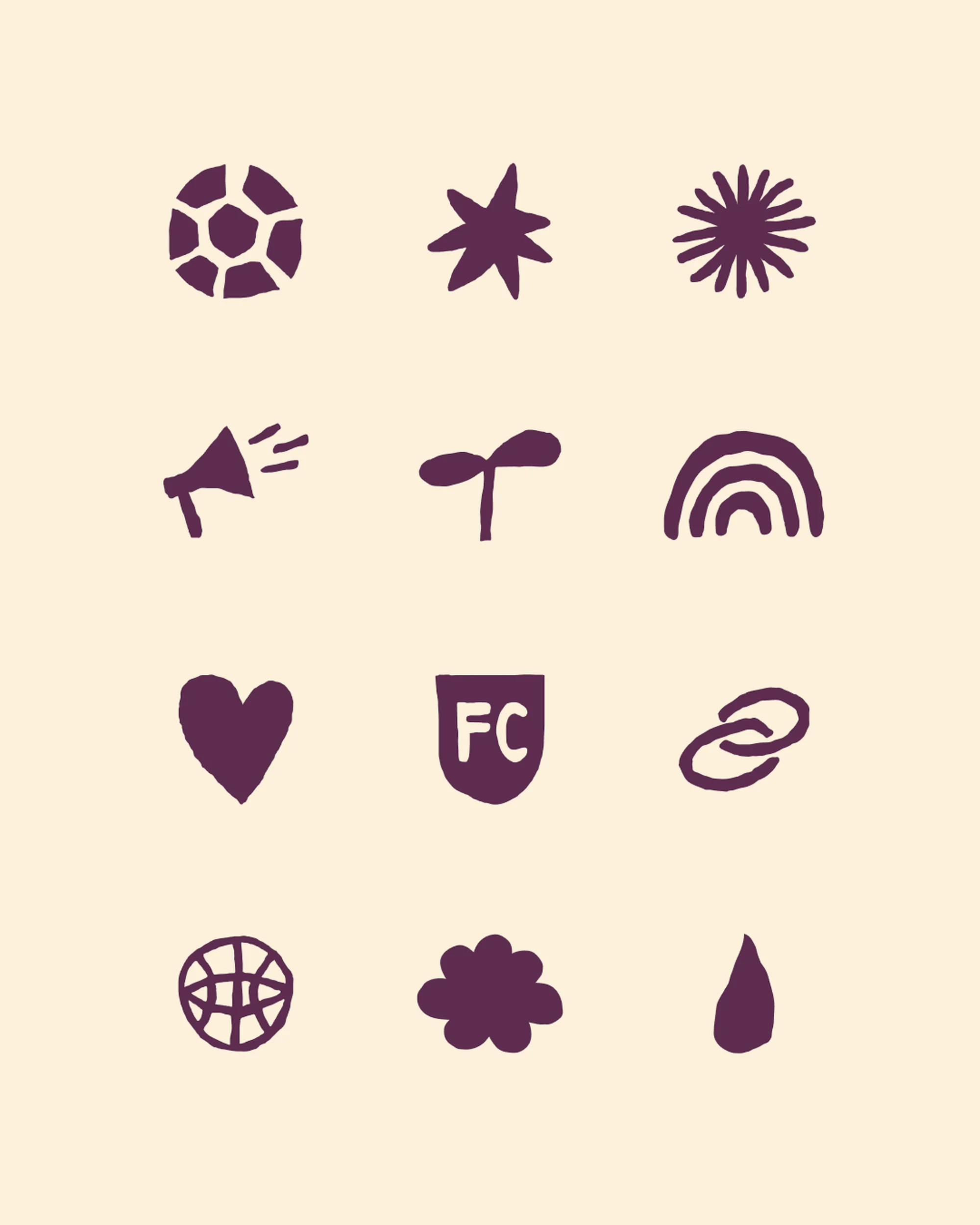 Illustration of soccer ball, star, sun, megaphone, sprout, rainbow, heart, logo, links, globe, cloud, and droplet graphics in purple ink.