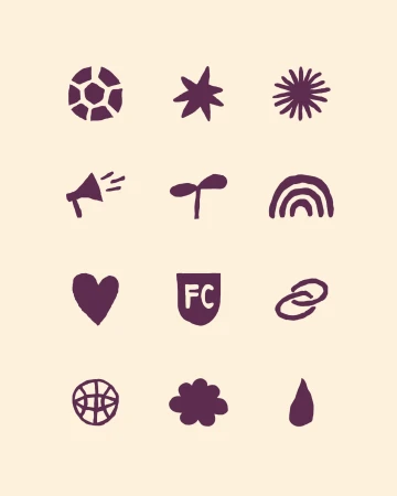 Illustration of soccer ball, star, sun, megaphone, sprout, rainbow, heart, logo, links, globe, cloud, and droplet graphics in purple ink.