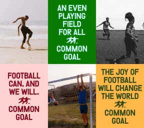 Collage of six panels featuring people playing soccer outdoors, children on a goal frame, and bold typography for Common Goal brand identity.