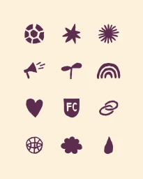 Hand-drawn purple brand icons including a soccer ball, megaphone, and heart arranged in a grid on a cream background.