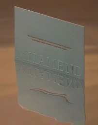 Embossed Milamend brand identity card featuring debossed typography and a reflective water surface below