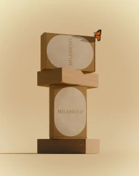 Stacked brown cardboard packaging boxes featuring branding against a warm beige background with a butterfly resting on top.