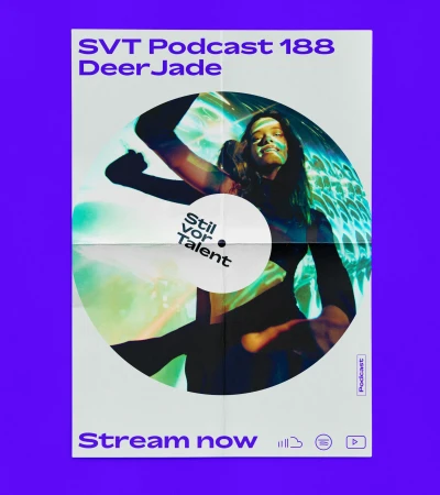 Poster art for the SVT Podcast 188 featuring DeerJade, a music-related podcast available for streaming, set against a purple backdrop.