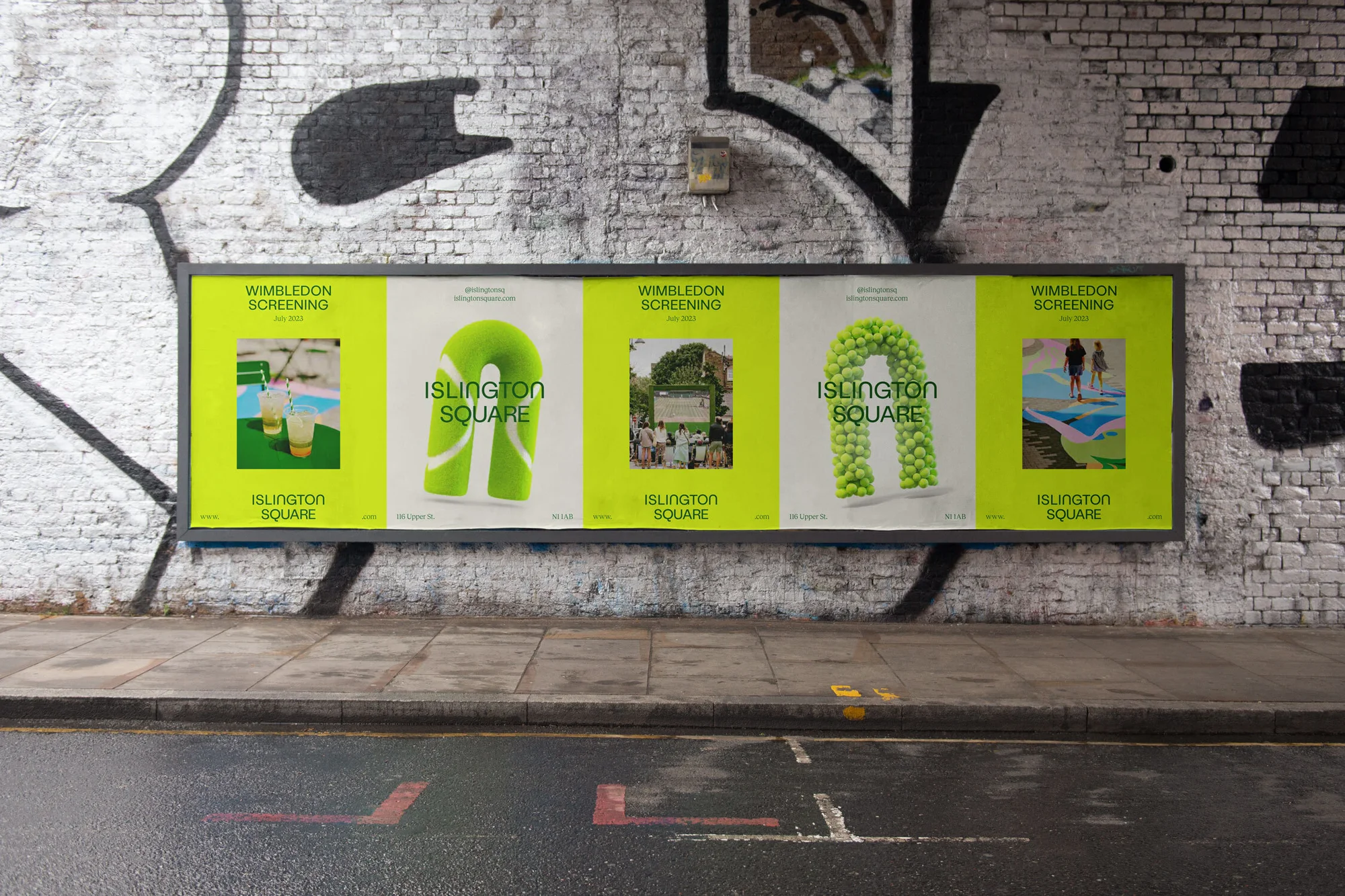 Outdoor billboard featuring Wimbledon Screening advertising with tennis ball and lime green design promoting Islington Square, London.