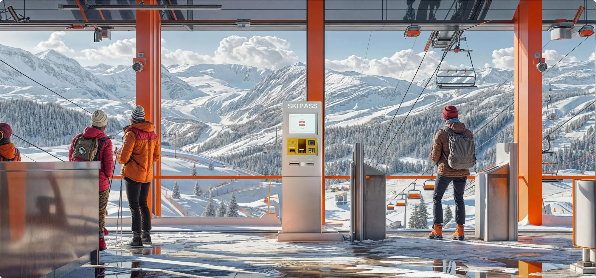 Ski resort scene with three people standing near a ski pass machine, overlooking snowy mountains and chairlifts on a sunny day.