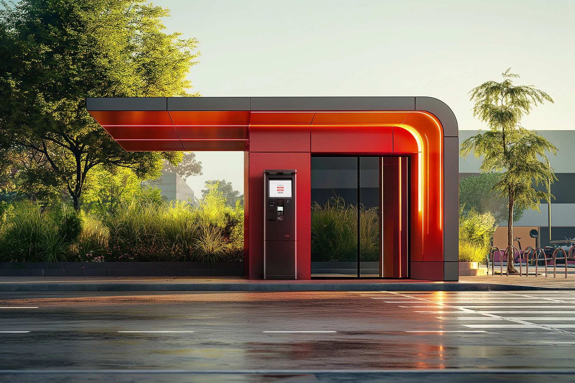 Futuristic outdoor kiosk in an urban environment with green trees, shiny wet street, and a modern minimalist design in red and grey.