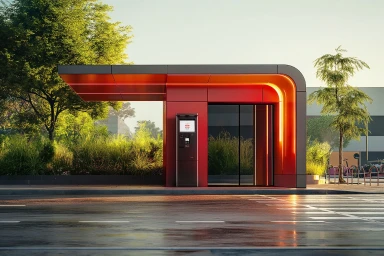 Modern red and grey kiosk structure with integrated touchscreen and glowing orange lighting under a canopy