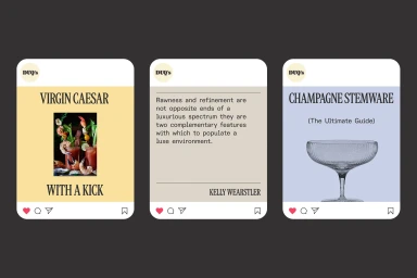 Three social media post templates for Duq's featuring typographic layouts, a cocktail photograph, and a champagne glass illustration.