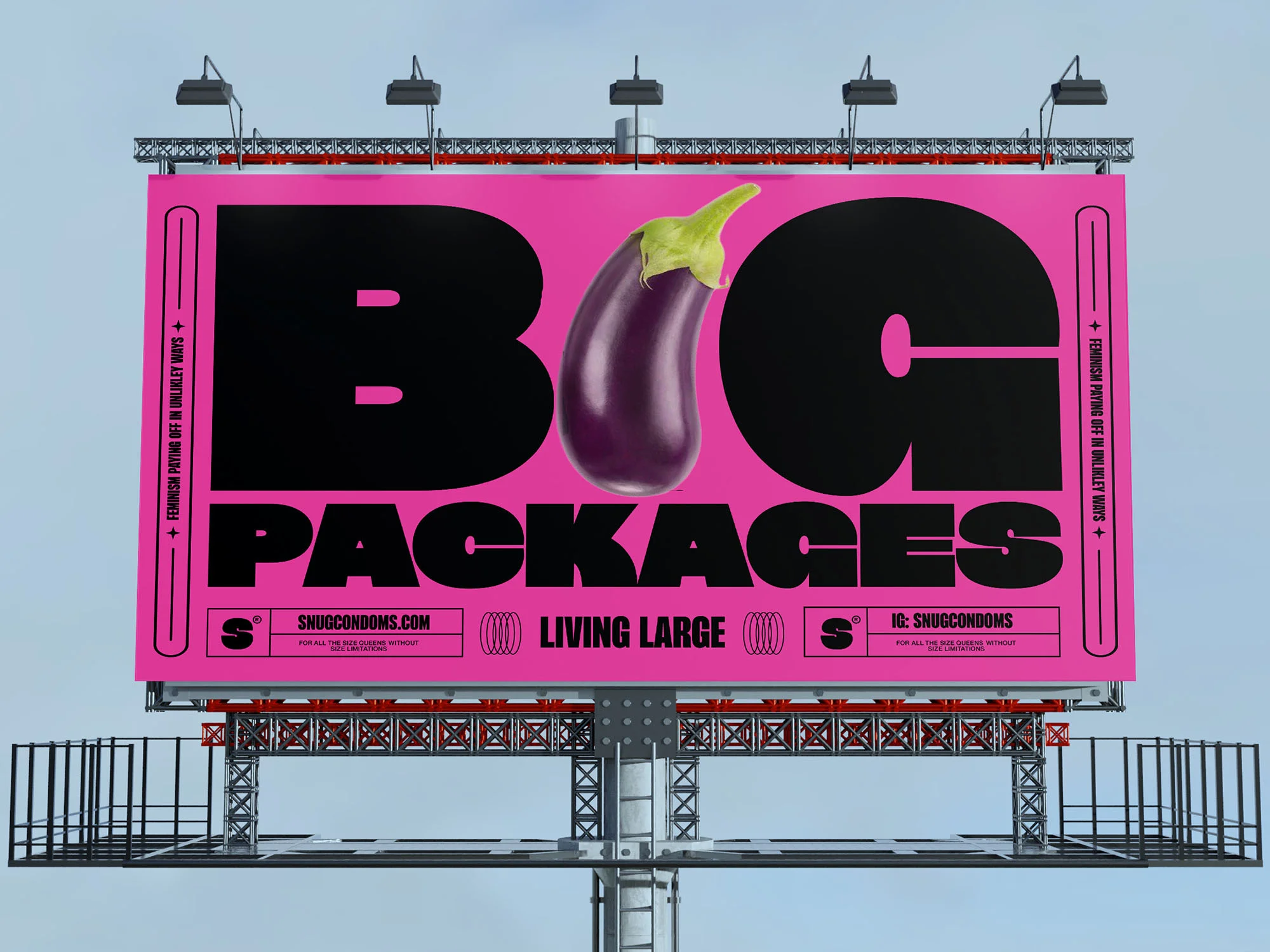 Billboard for Snug Condoms with pink background, black text 'Big Packages', and an eggplant as the 'I' in 'Big' against a blue sky.