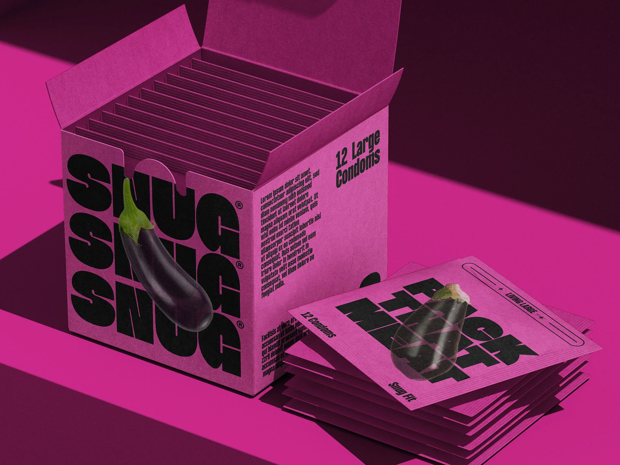 Product shot of a purple condom box with suggestive eggplant art, conveying a playful, modern message with bold typography and color.