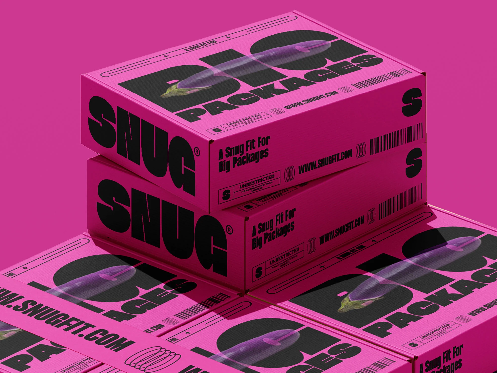 Stack of pink shipping boxes for 'Snug Packages' with eggplant graphics and bold black lettering on a pink background, clean product shot.