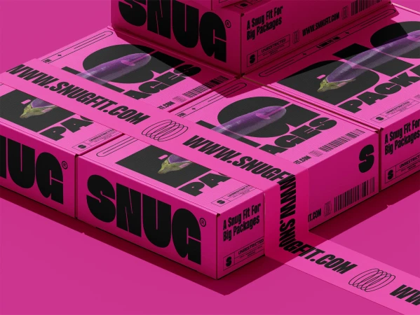 Stack of pink product boxes with eggplant illustration and brand messaging on a pink background with directional lighting and sharp shadows.