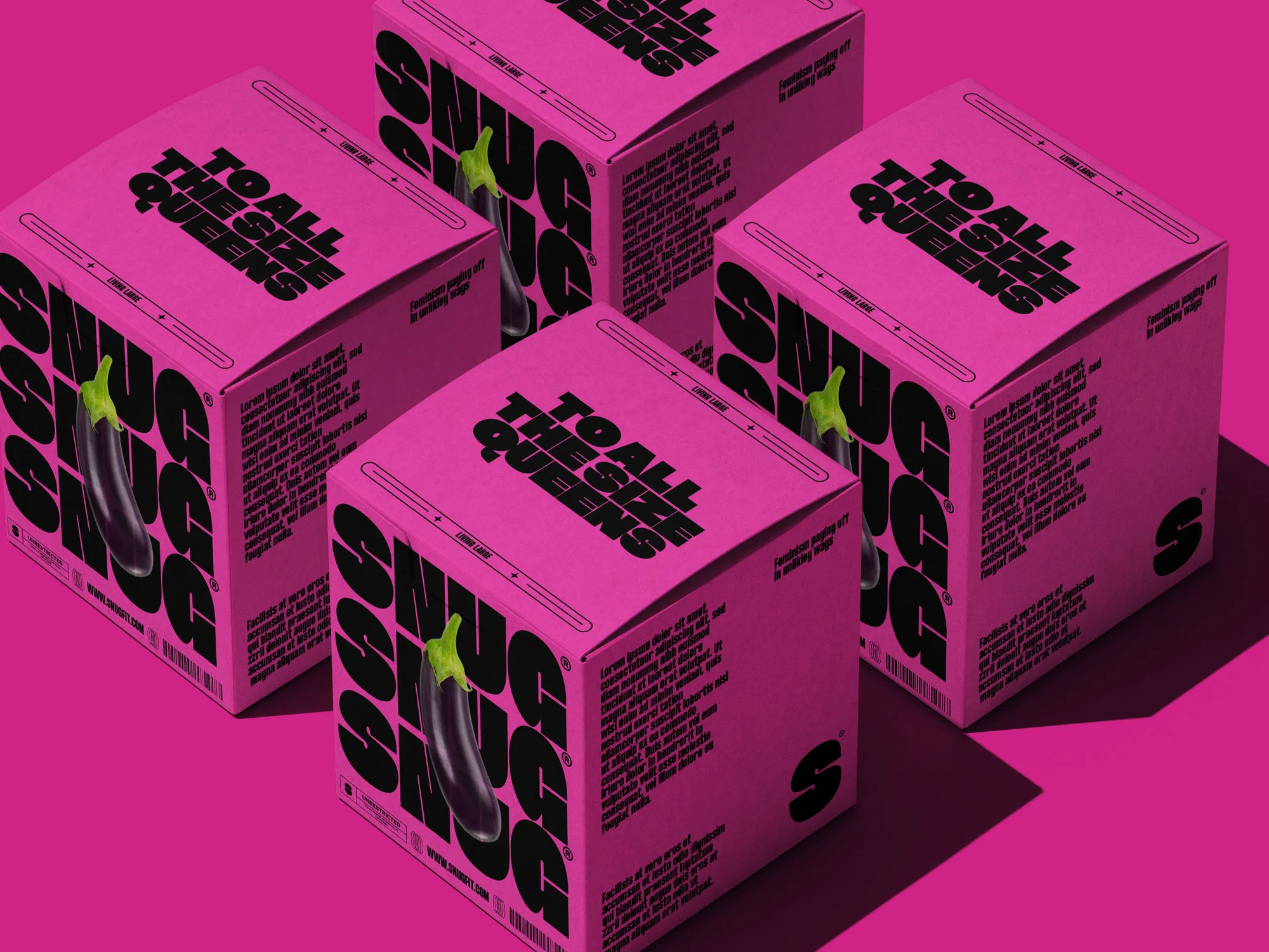 Four pink cube-shaped boxes with an eggplant image and bold black text, arranged on a matching pink surface, casting distinct shadows.