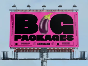 Large pink outdoor billboard featuring bold black typography reading BIG PACKAGES with a central glossy eggplant graphic.