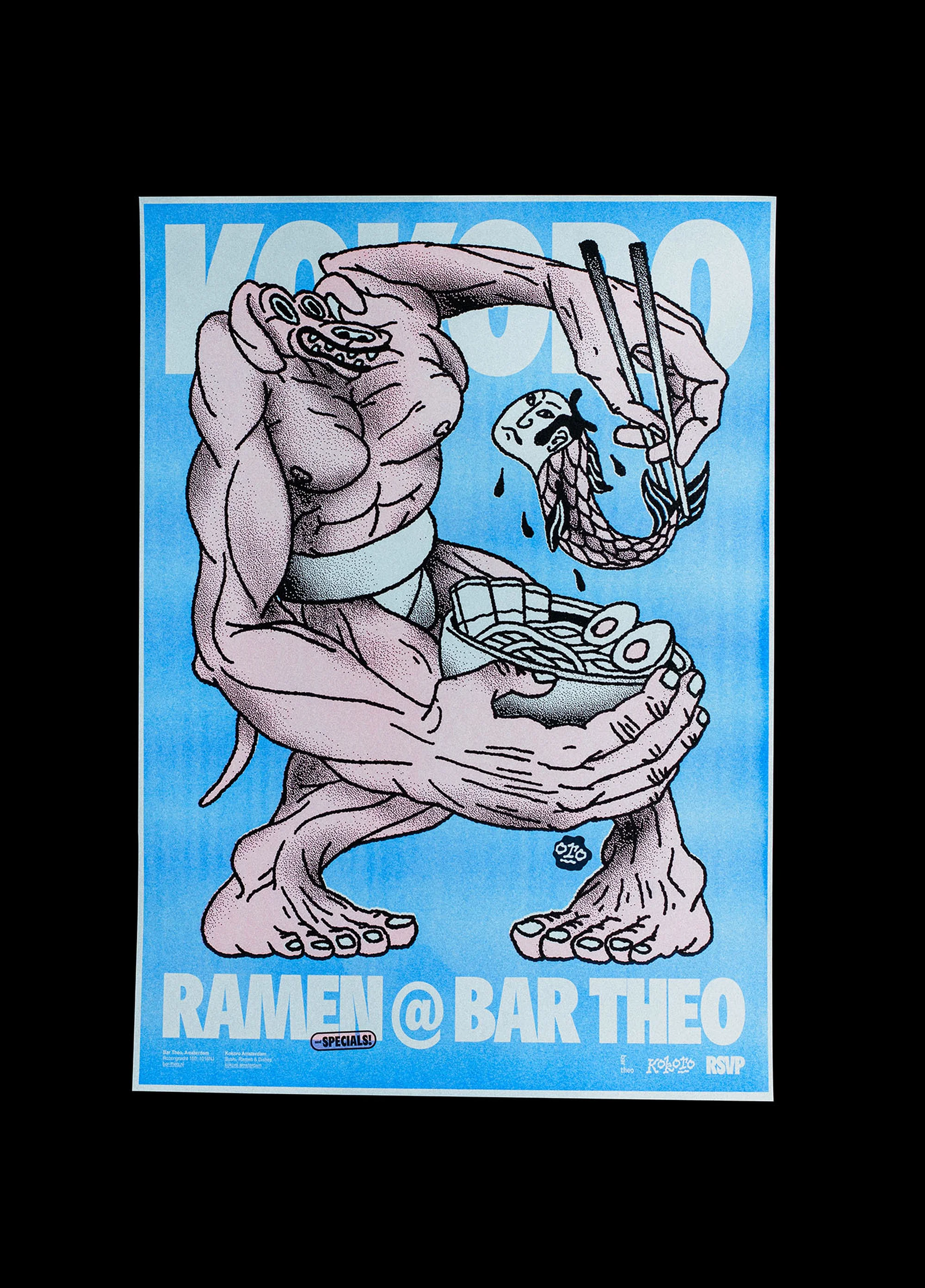 Illustration art featuring a stylized sumo wrestler character holding a bowl of ramen and fish with chopsticks against a light blue background.