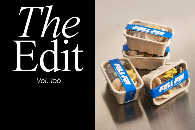Three stacked food containers with various mushrooms and a blue Full Pin label sit on a gray surface against a black and white background.