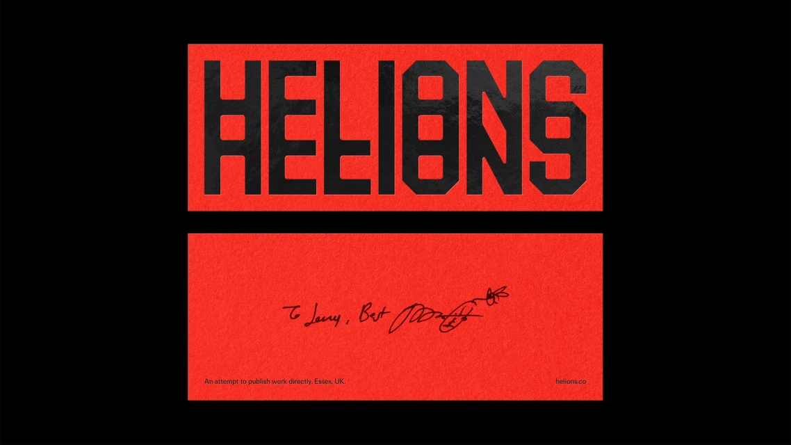 Graphic design featuring the word 'HELIONS' in bold, blocky black letters on a red background, with a handwritten message below.