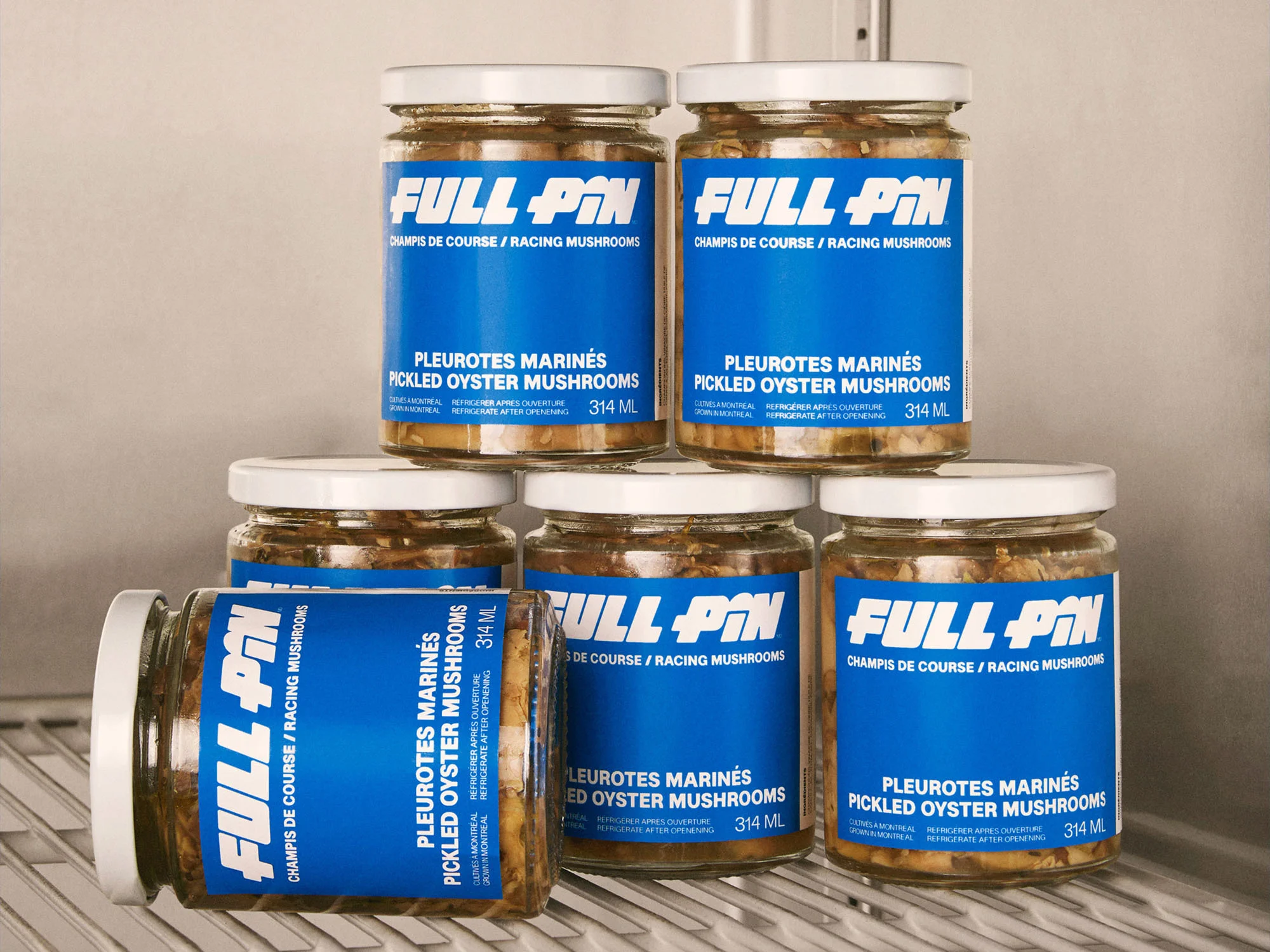 Seven glass jars of pickled oyster mushrooms with blue labels are stacked on a wire rack in a bright, indoor setting.