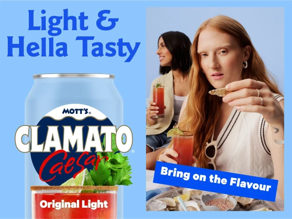 Clamato Caesar beverage ad: two women with red cocktails and oyster crackers on a light blue background with product can.