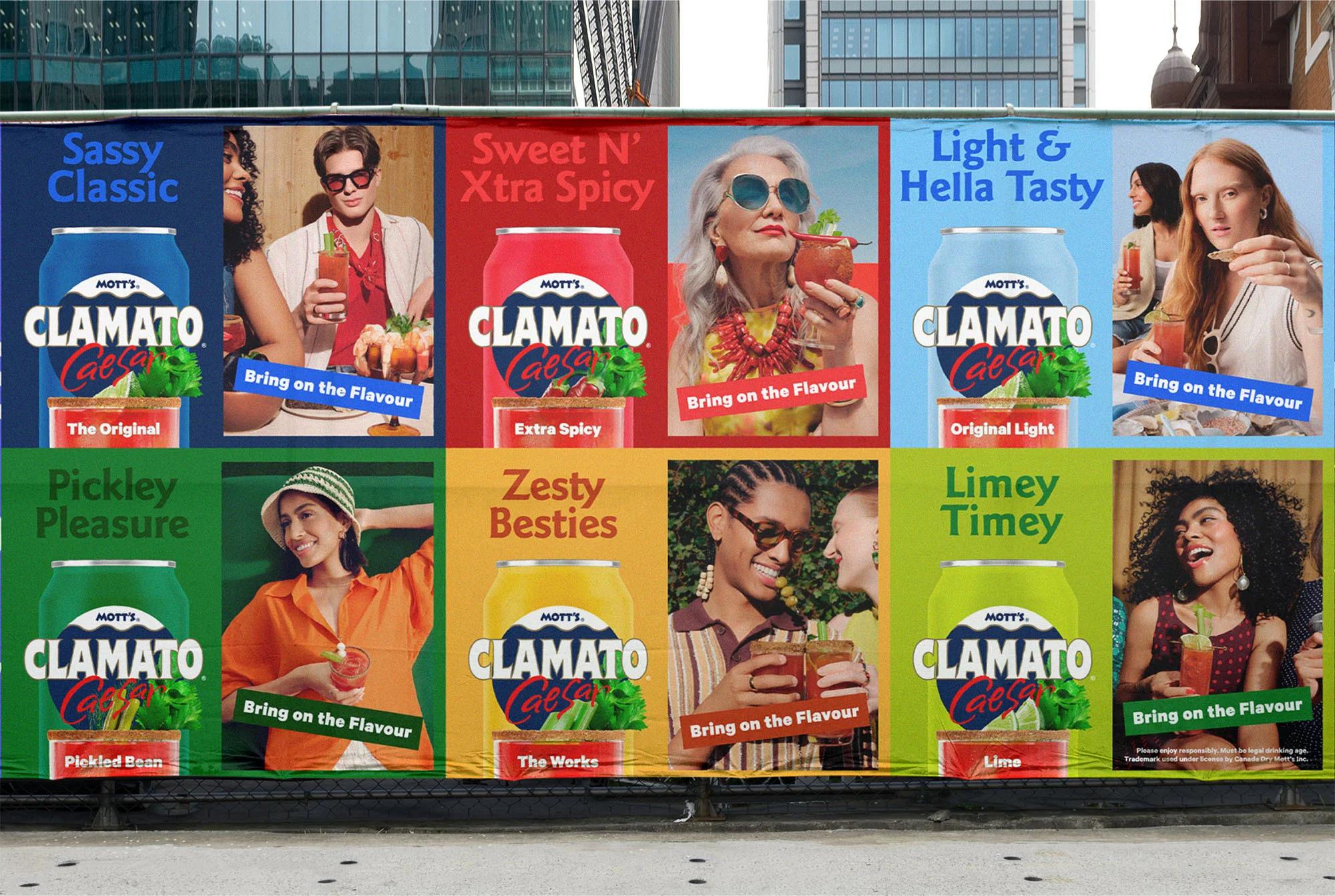 Colorful advertising billboard features canned beverage and diverse adults holding drinks, promoting social enjoyment and flavor variations.
