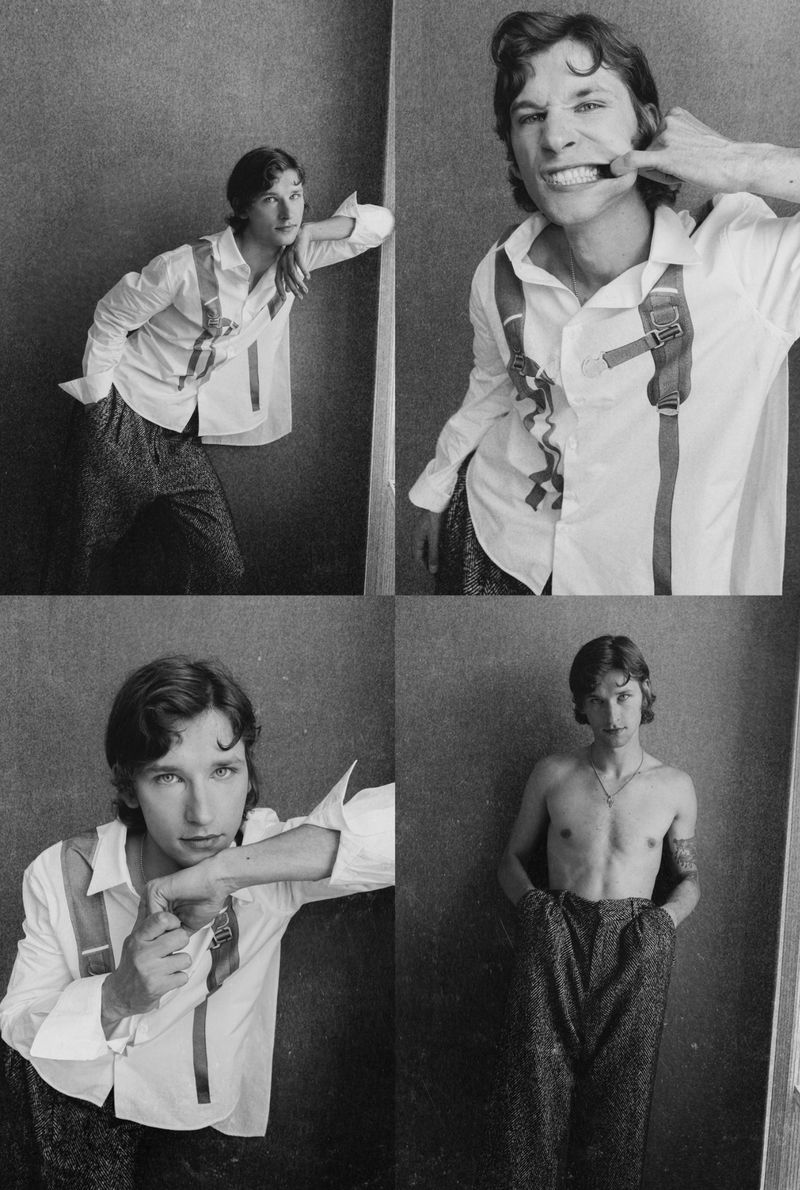 Black-and-white collage of a young adult male posing with a white button-down shirt and suspenders against a neutral wall.