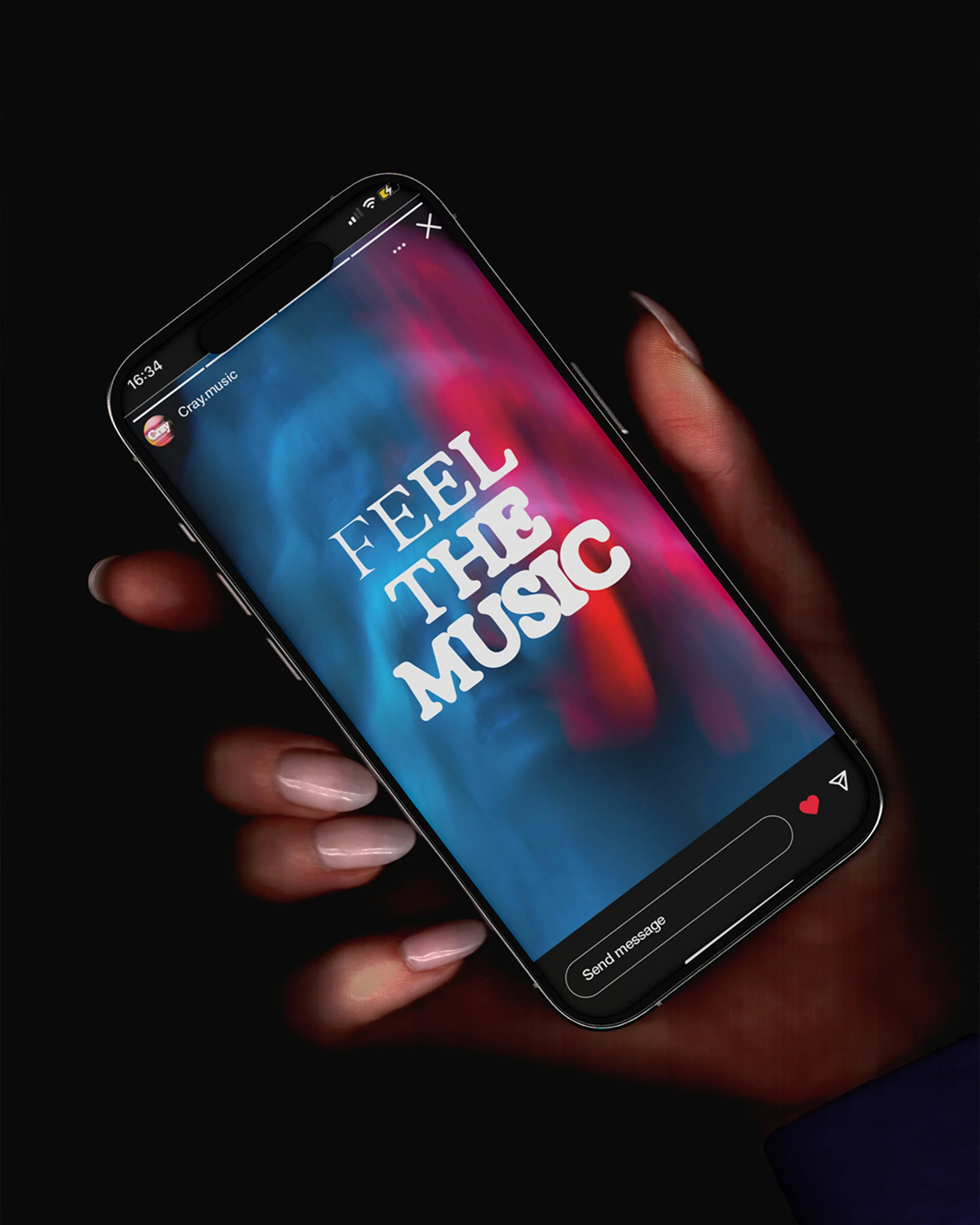 Hand holding a smartphone displaying 'Feel the Music' on a vibrant background with Instagram interface details, set against black.
