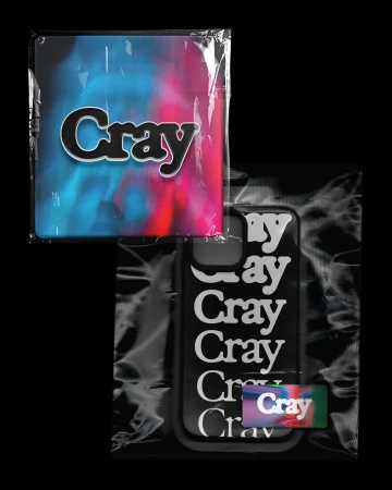 Product shot of 'Cray' themed cell phone case, card, and square plastic wrapped item, with the text 'Cray' on each product.