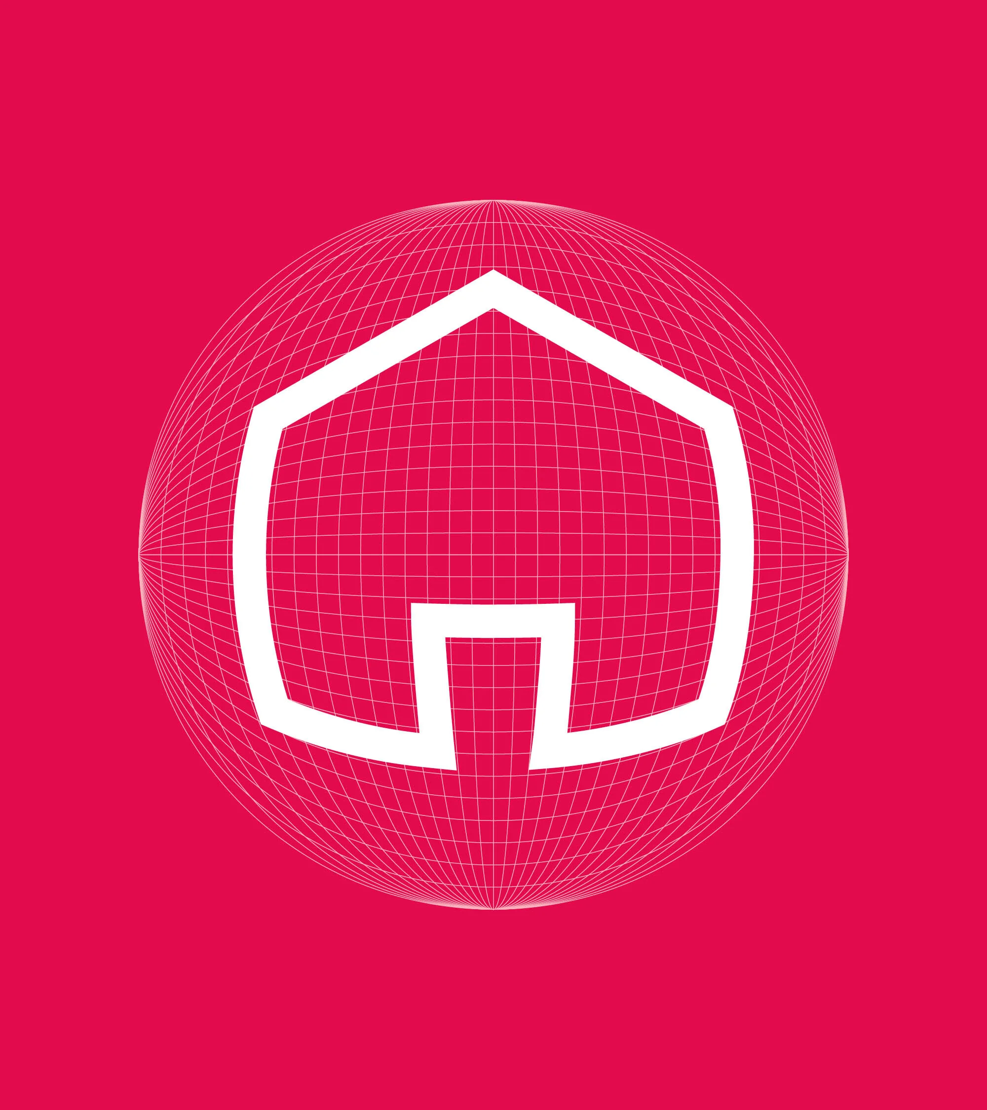 Abstract geometric design featuring a white house icon inside a wireframe sphere on a vibrant pink background, creating a modern, tech-inspired visual.
