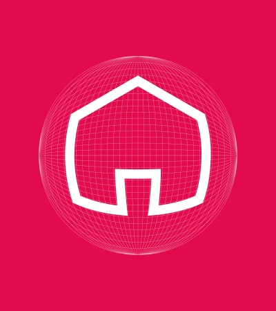Abstract geometric design featuring a white house icon inside a wireframe sphere on a vibrant pink background, creating a modern, tech-inspired visual.