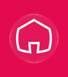 White wireframe globe and house graphic centered on a solid pink background for Bancomat brand identity by Landor
