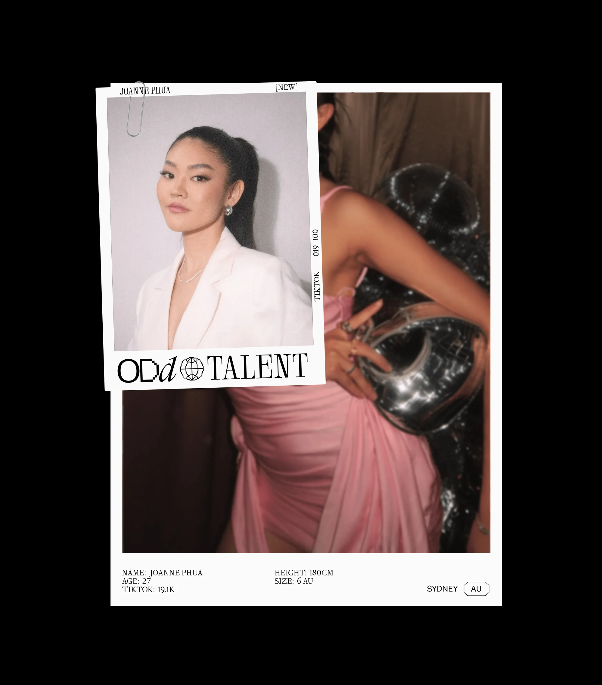 Two people are depicted, one in a blazer portrait, another in a pink dress, silver bag, and dark top. ODD TALENT is printed on image.