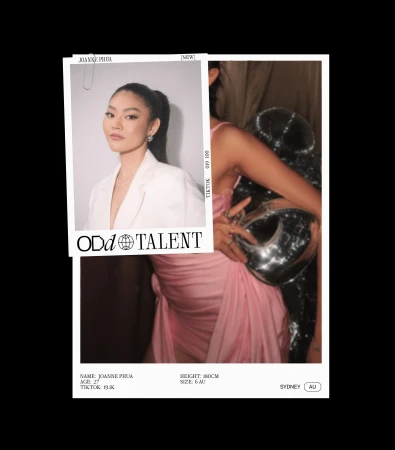 Two people are depicted, one in a blazer portrait, another in a pink dress, silver bag, and dark top. ODD TALENT is printed on image.