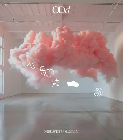 A pink cloud floats in a white room, accompanied by digital icons, illuminated by natural light, suggesting an airy and surreal atmosphere.