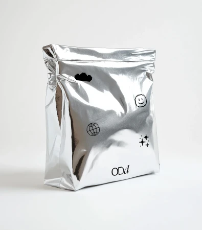 Silver foil package with cloud, globe, smiley face, and star graphics on a solid white backdrop. Ideal for product presentation.