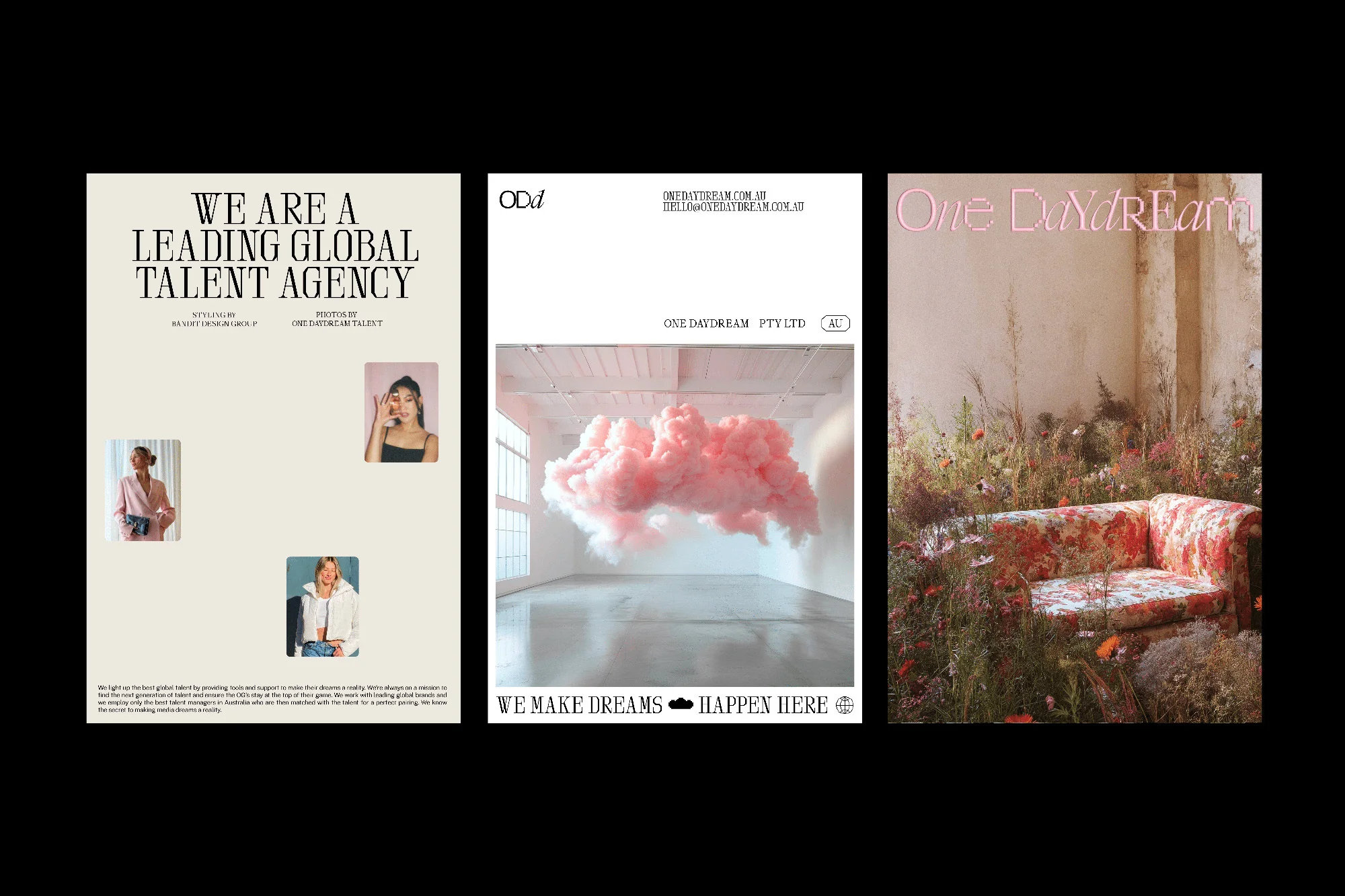 Collage of three advertising posters for One Daydream talent agency with imagery of models, pink cloud, and floral interior.