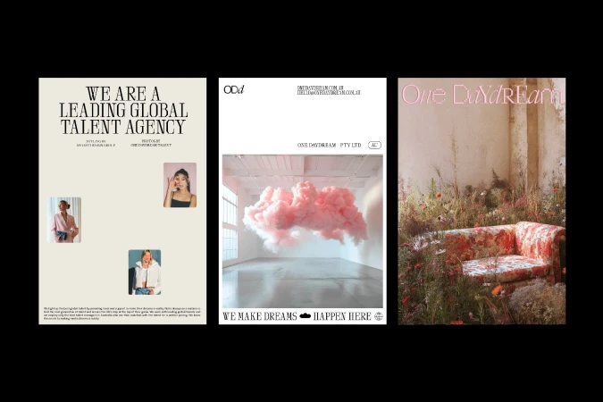Collage of three advertising posters for One Daydream talent agency with imagery of models, pink cloud, and floral interior.