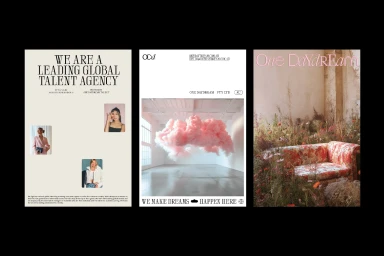 A tripartite display featuring typography, a pink cloud installation in a studio, and a floral couch amidst overgrown meadow foliage.