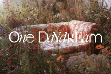 A floral upholstered settee nestled in a dense meadow of wildflowers and tall grasses, featuring white pixelated typography overlaid.