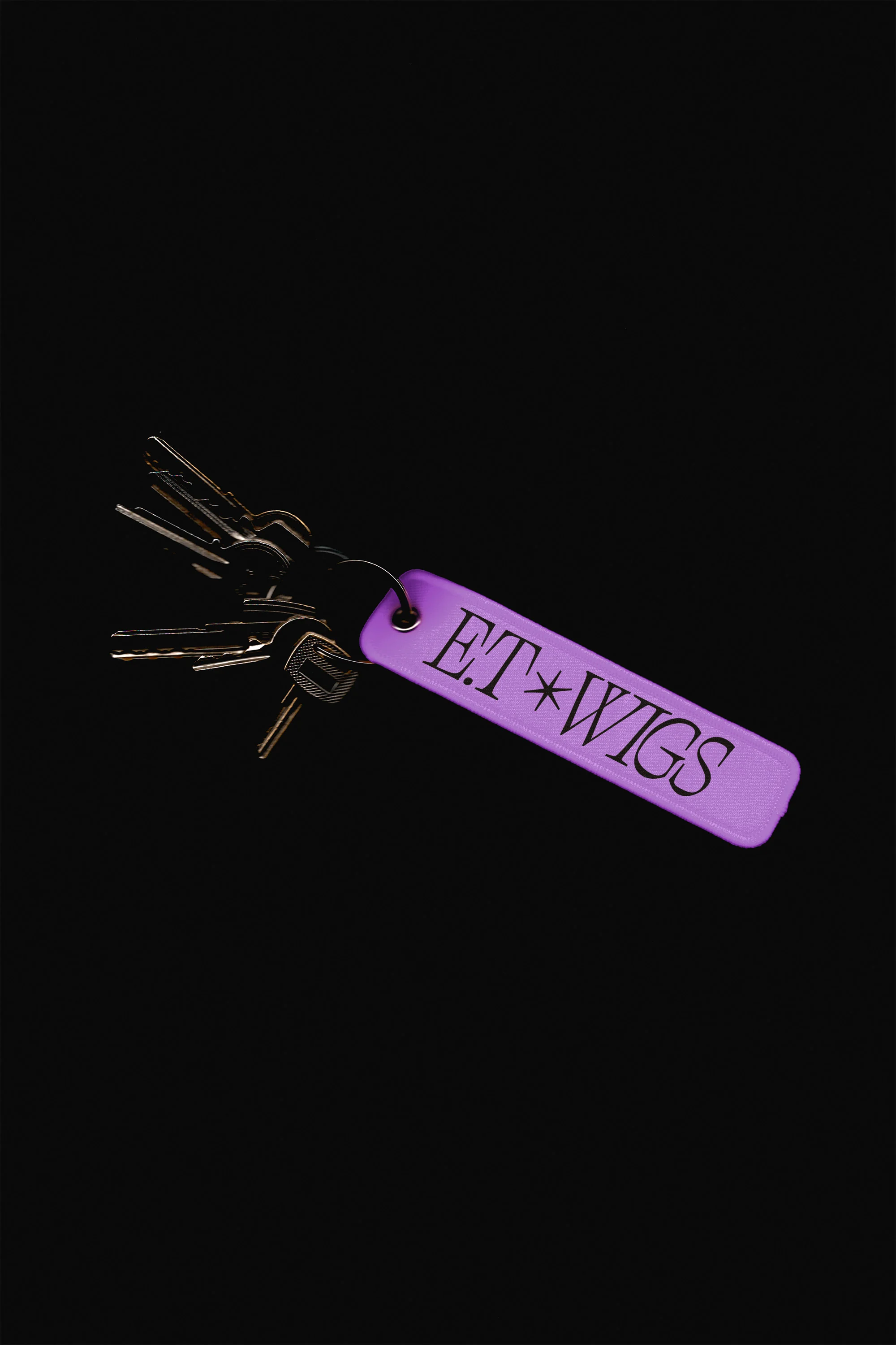 Several metal keys on a ring with a purple tag featuring the text 'ET*WIGS' displayed against a stark black backdrop.