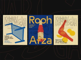 Three graphic design posters for Khwabgah featuring bold typography, vibrant blue, red, and yellow shapes on cream backgrounds.
