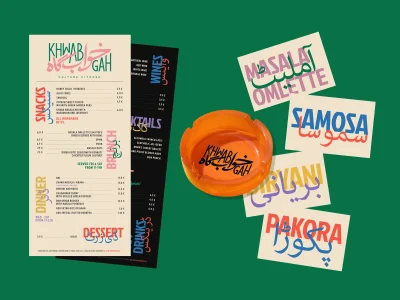 Graphic design brand identity items for Khwabgah including menu cards, bilingual typography, and an orange ashtray on green