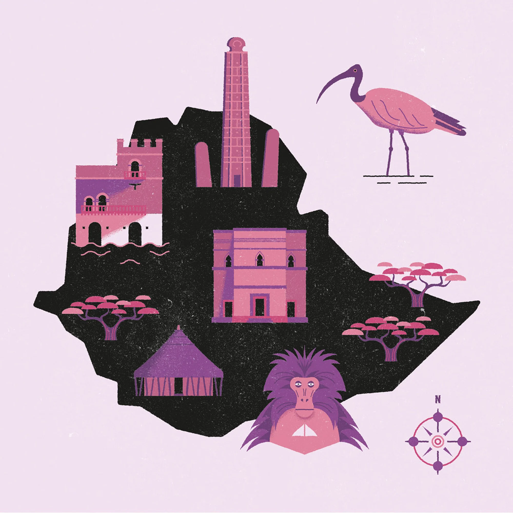 Illustrated map of Ethiopia featuring landmarks, wildlife, and cultural elements in a distinctive graphic style on a pale pink background.