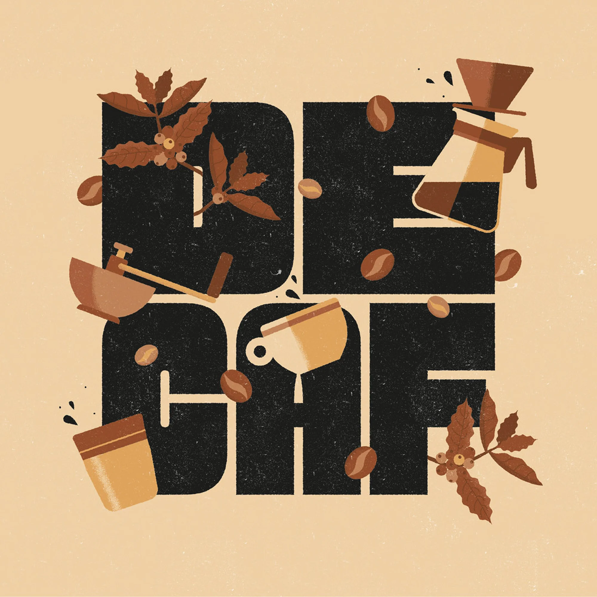 Decaf coffee illustration featuring coffee beans, coffee brewing equipment, and coffee plant branches, set against a beige background.