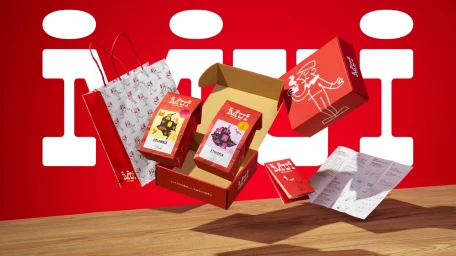 MUI Coffee Roastery branded packaging including coffee bags, red boxes, and paper bags floating above a wooden surface.