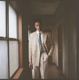 A young Black man wearing a tan double-breasted suit jacket and matching trousers stands in a dim indoor hallway beside a tall window.