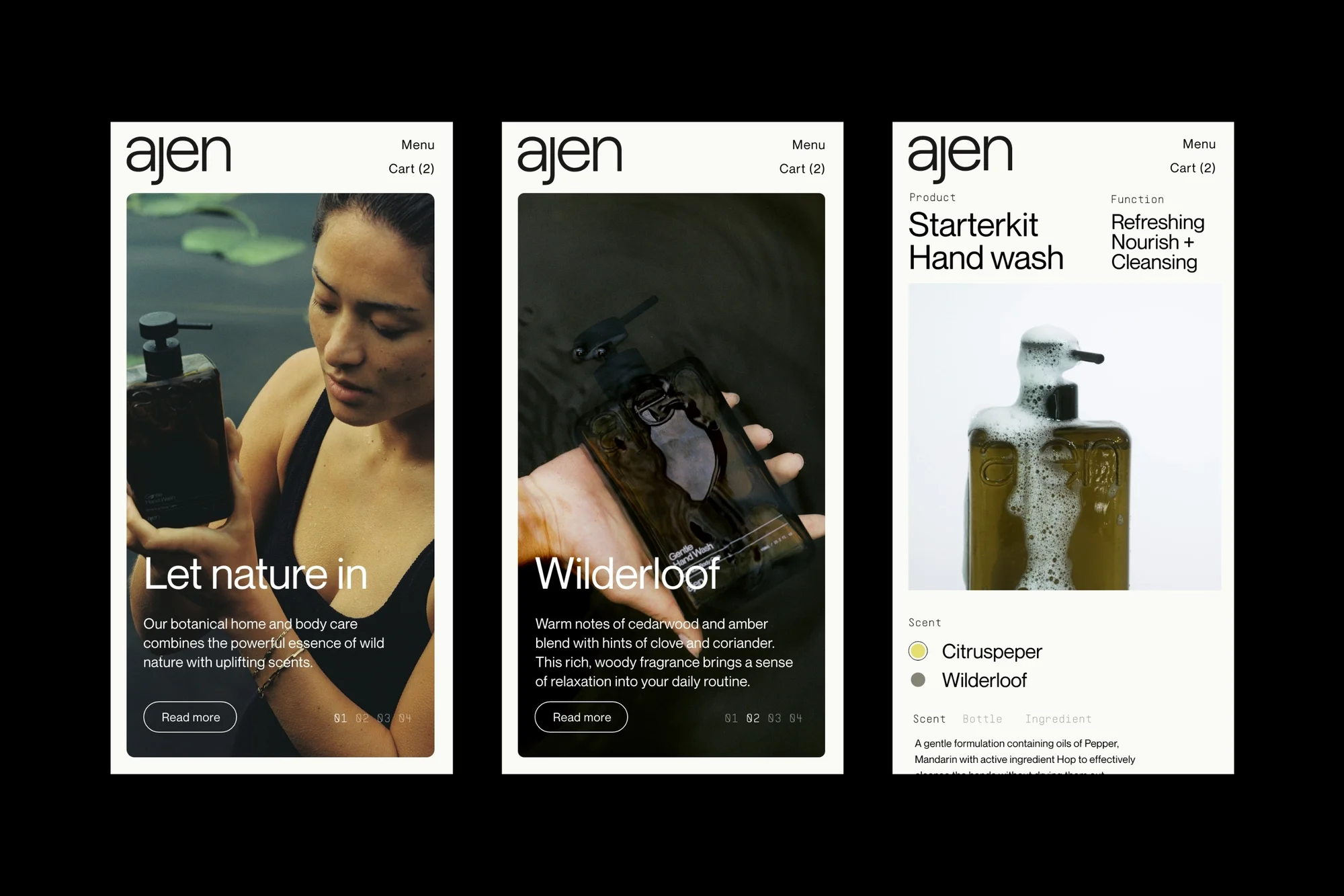 Ajen brand ad featuring a woman holding a body wash, a hand holding body wash in water, and close up of body wash.