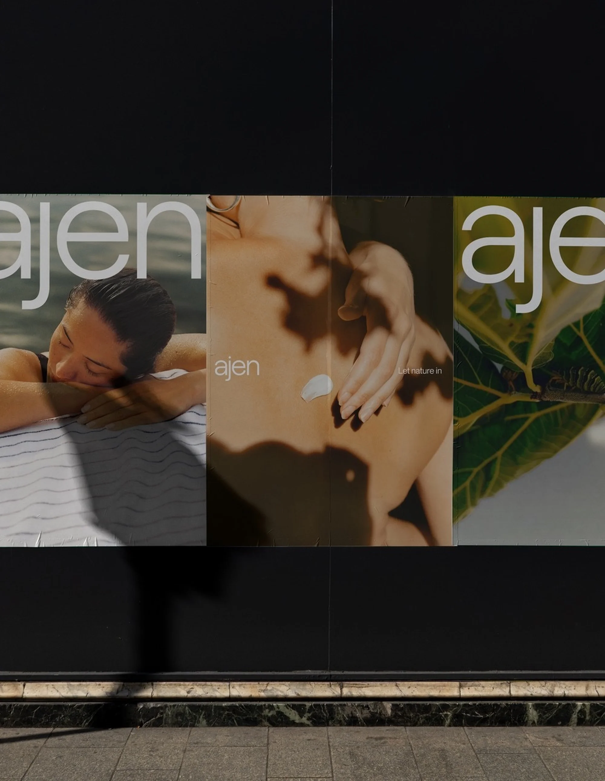 Triptych poster featuring branding for Ajen with woman resting, skin application, and green leaves against a dark background.