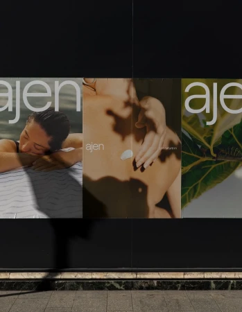 Triptych poster featuring branding for Ajen with woman resting, skin application, and green leaves against a dark background.